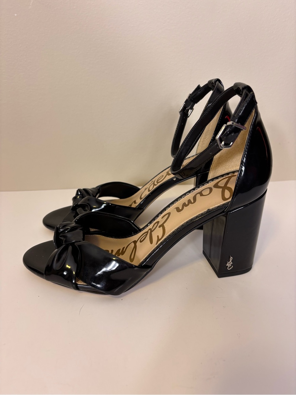 Sam Edelman Black Patent Leather Knot Front Block High Heel Sandals 8.5